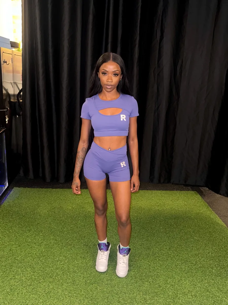 Shortiie Raw in the indigo cutout crop and short set